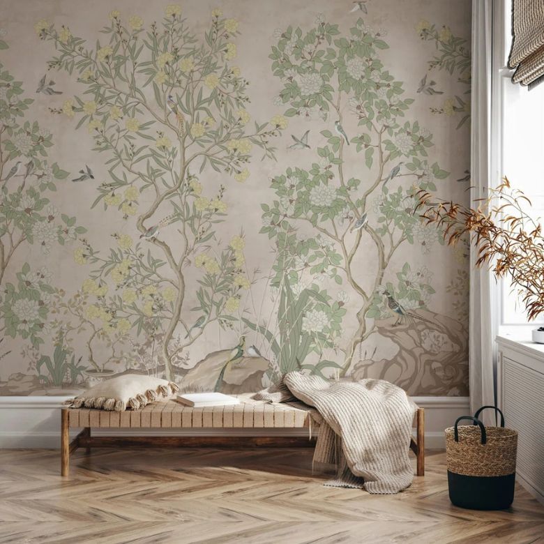 wallpaper mural featuring a botanical and bird garden scene