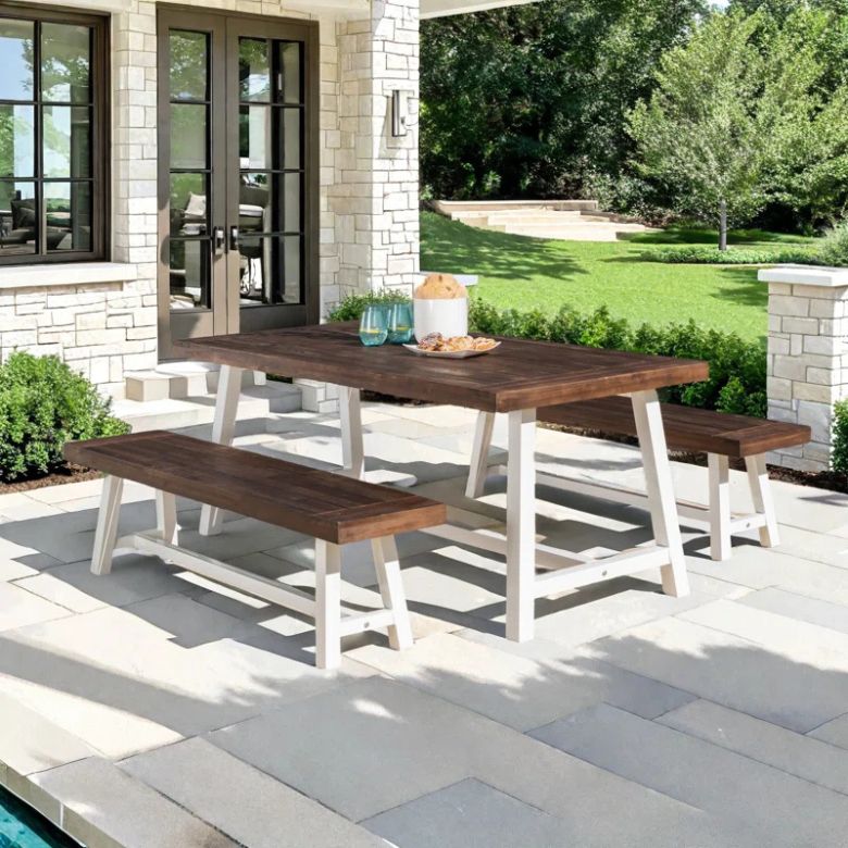 dark brown and white wooden outdoor picnic dining set
