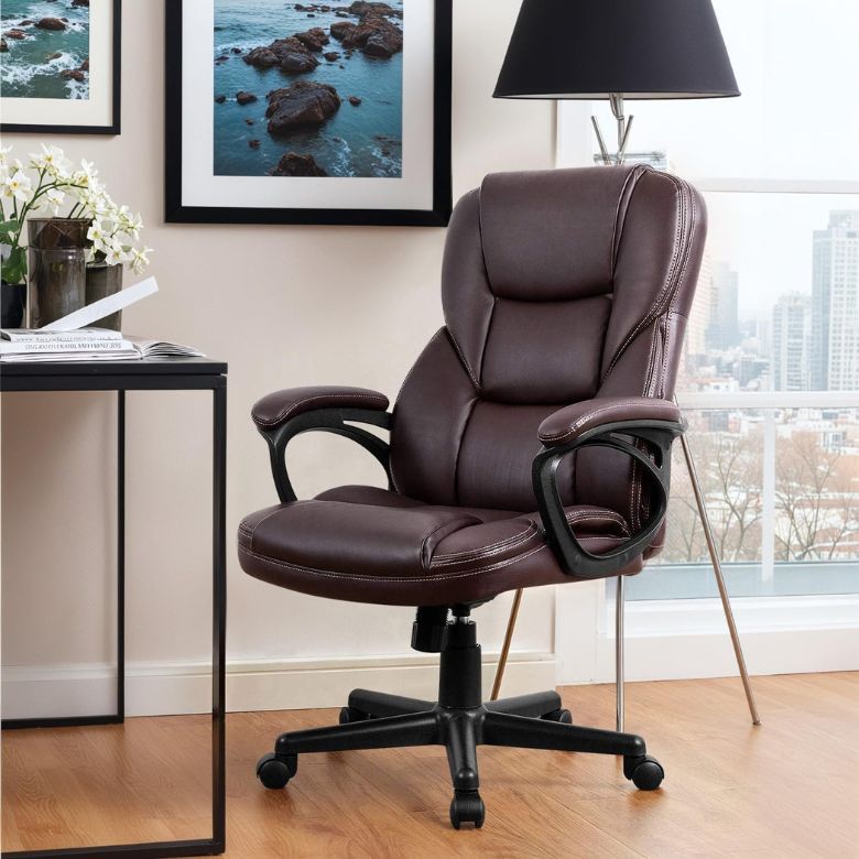 Swivel Brown PU Leather Office Chair with Lumbar Support