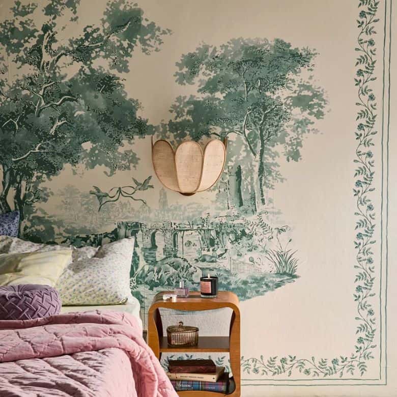 removable wallpaper mural featuring a green goose toile motif
