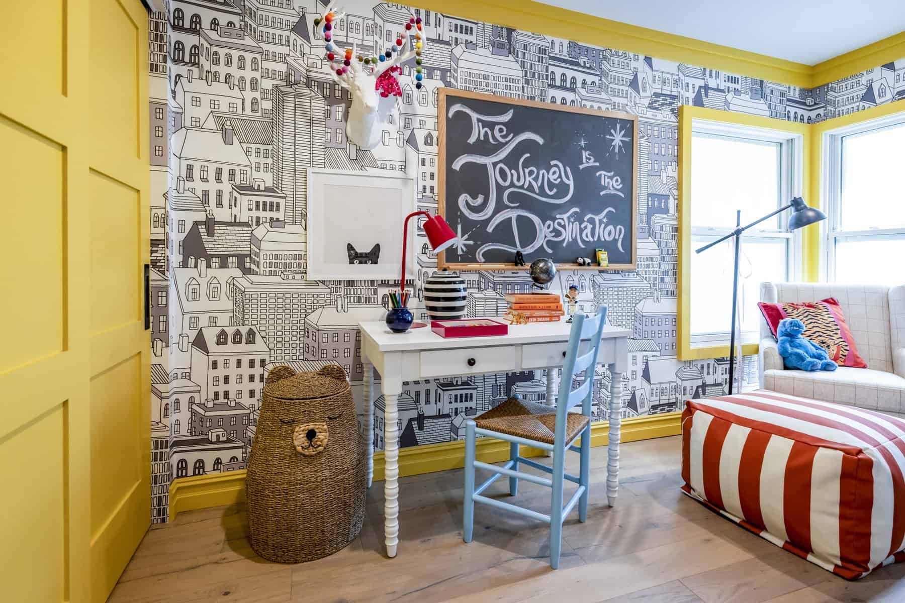 Playful kids' study nook with desk and bright decor