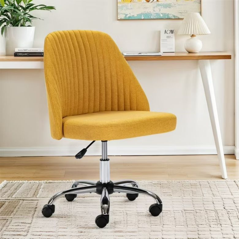 Yellow Armless Fabric Upholstered Desk Chair with Wheels