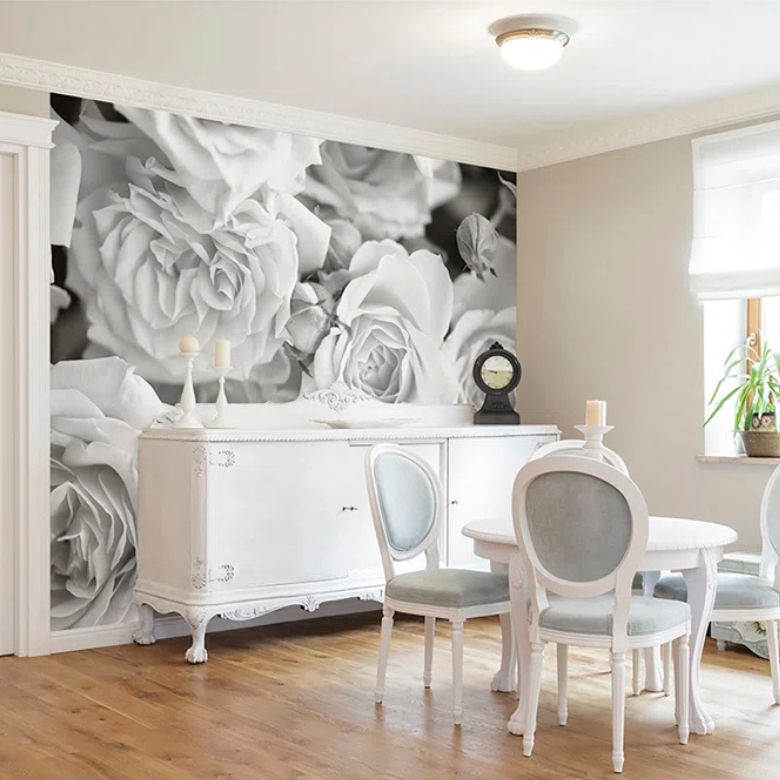 black-and-white rose mural wallpaper