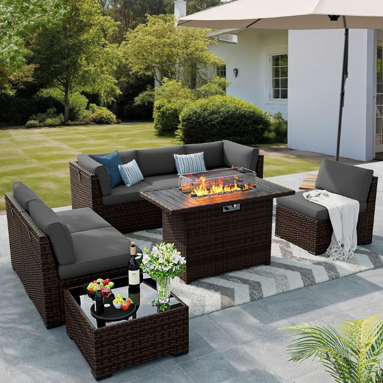 Rattan Sectional Conversation Set with Fire Pit Table