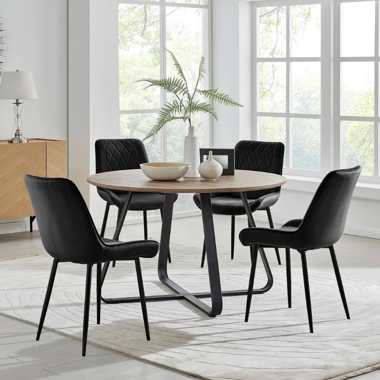 Wood Round Dining Table Set with 4 Upholstered Velvet Dining Chairs
