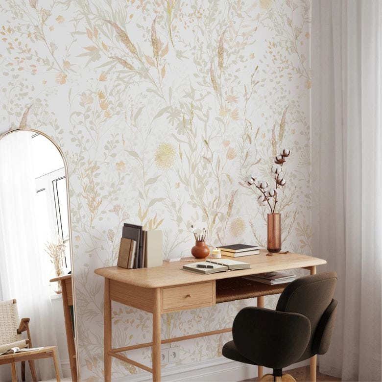 Beige & Gold Floral Botanical Removable Wallpaper