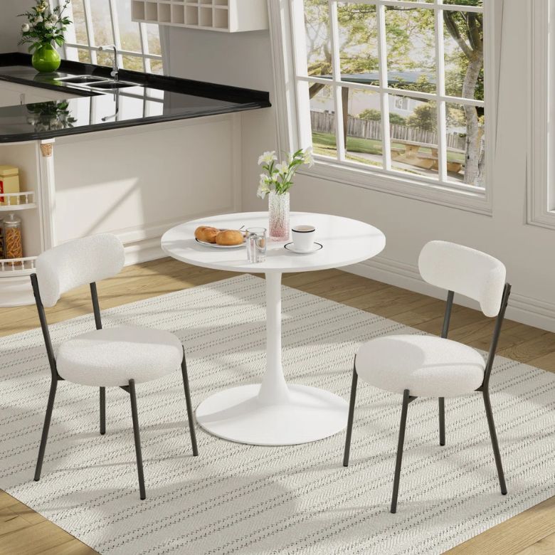 White Modern Round Dining Table with 2 White Upholstered Chairs