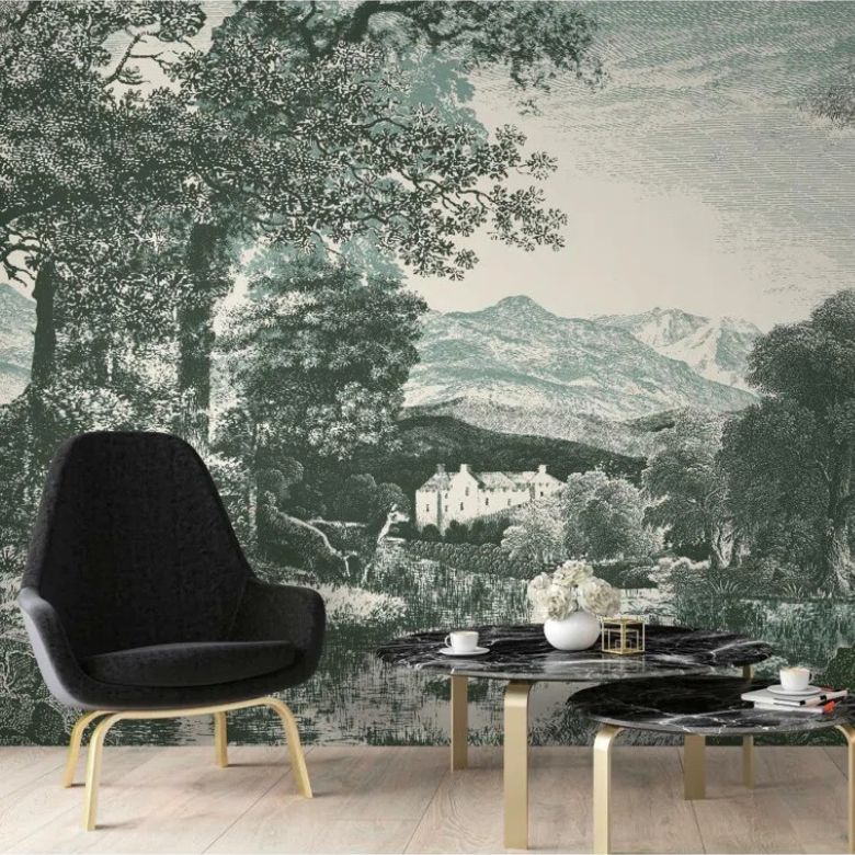 wallpaper mural of European wooded etching print