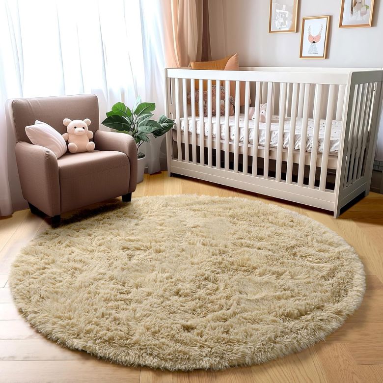 beige fluffy plush round area rug