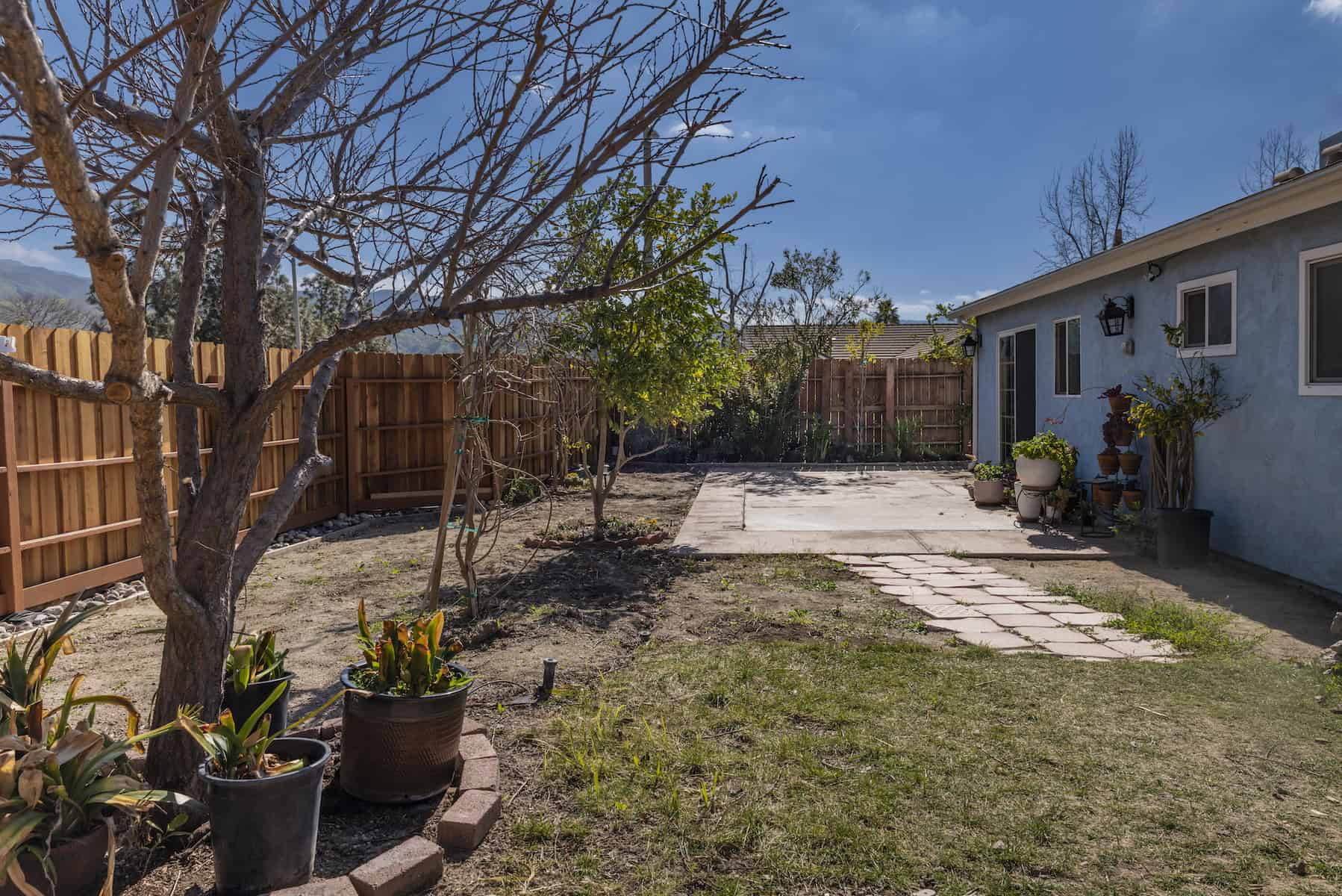 Sunny backyard with a patio, tree, potted plants, and wooden fence