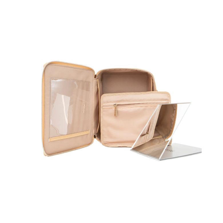 beige travel cosmetic case with extra pocket and mirror