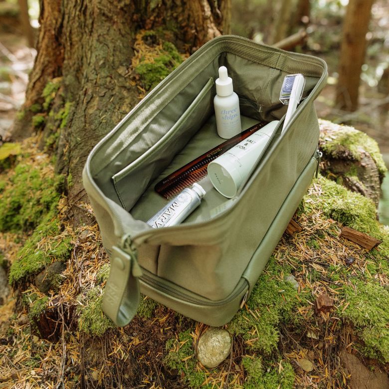 travel toiletry bag in olive green