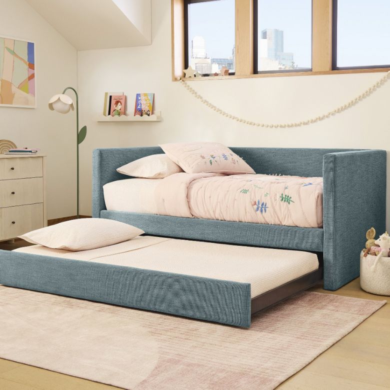 Blue Upholstered Square Daybed w/ Trundle