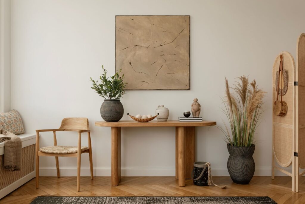 stylish entryway with decorated console table 