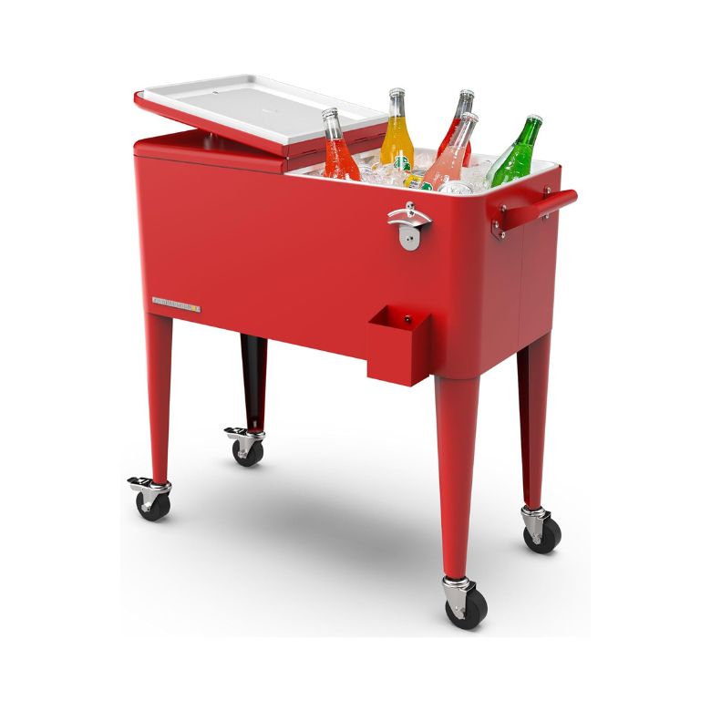 red standing outdoor cooler