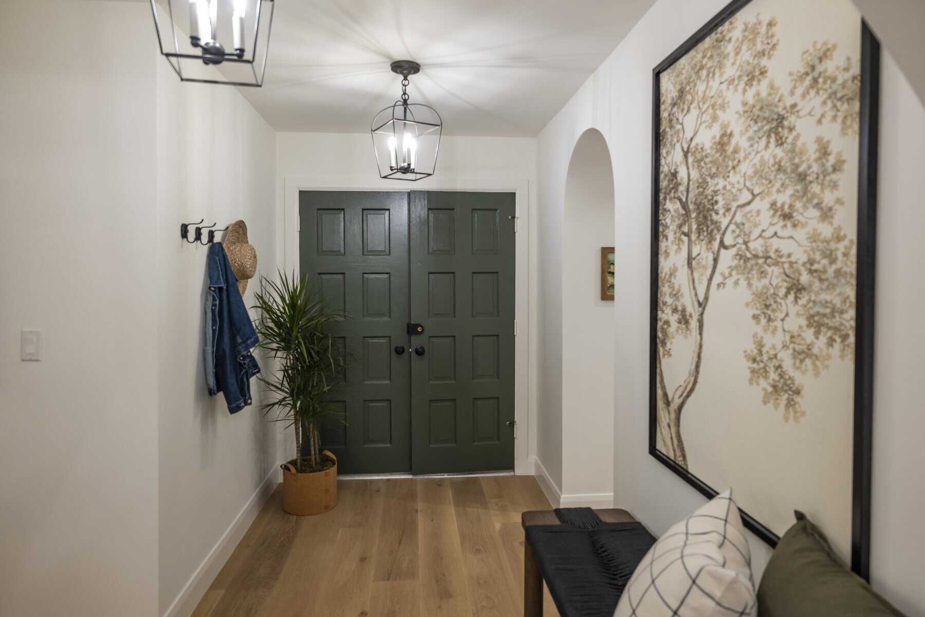 Entryway with green double doors, coat hooks, a potted plant, and a framed tree print