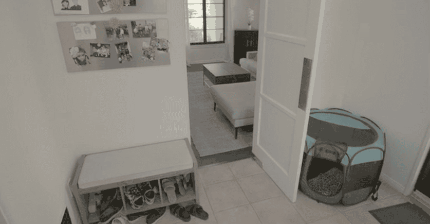 Entryway with shoe storage bench, pet playpen, and a view into the living room