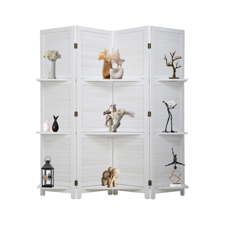 White Folding Privacy Wooden Room Divider with Shelves