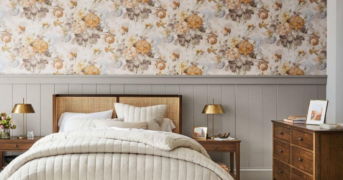 best floral wallpapers in a serene neutral bedroom