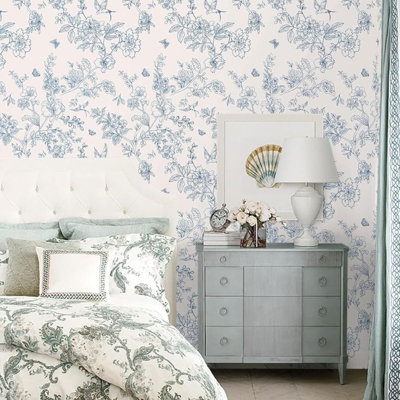 White and Blue Floral Wallpaper Peel and Stick Wallpaper