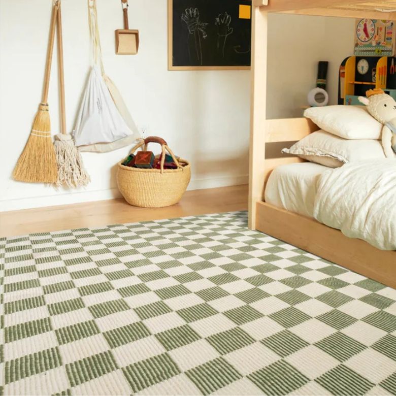 green and white checkered area rug
