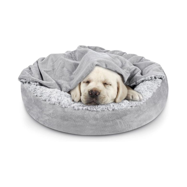 Grey Small Dog Bed with Hooded Blanket