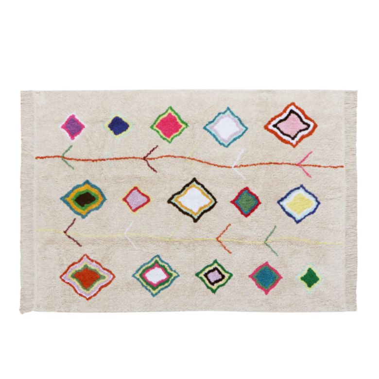 taupe area rug with mismatched diamonds and curvy line details