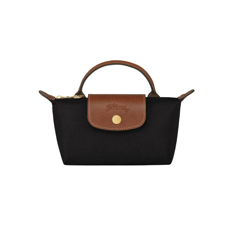 black nylon cosmetic bag with leather trim