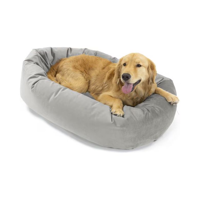 Grey Velvet Bagel Bolster Dog Bed