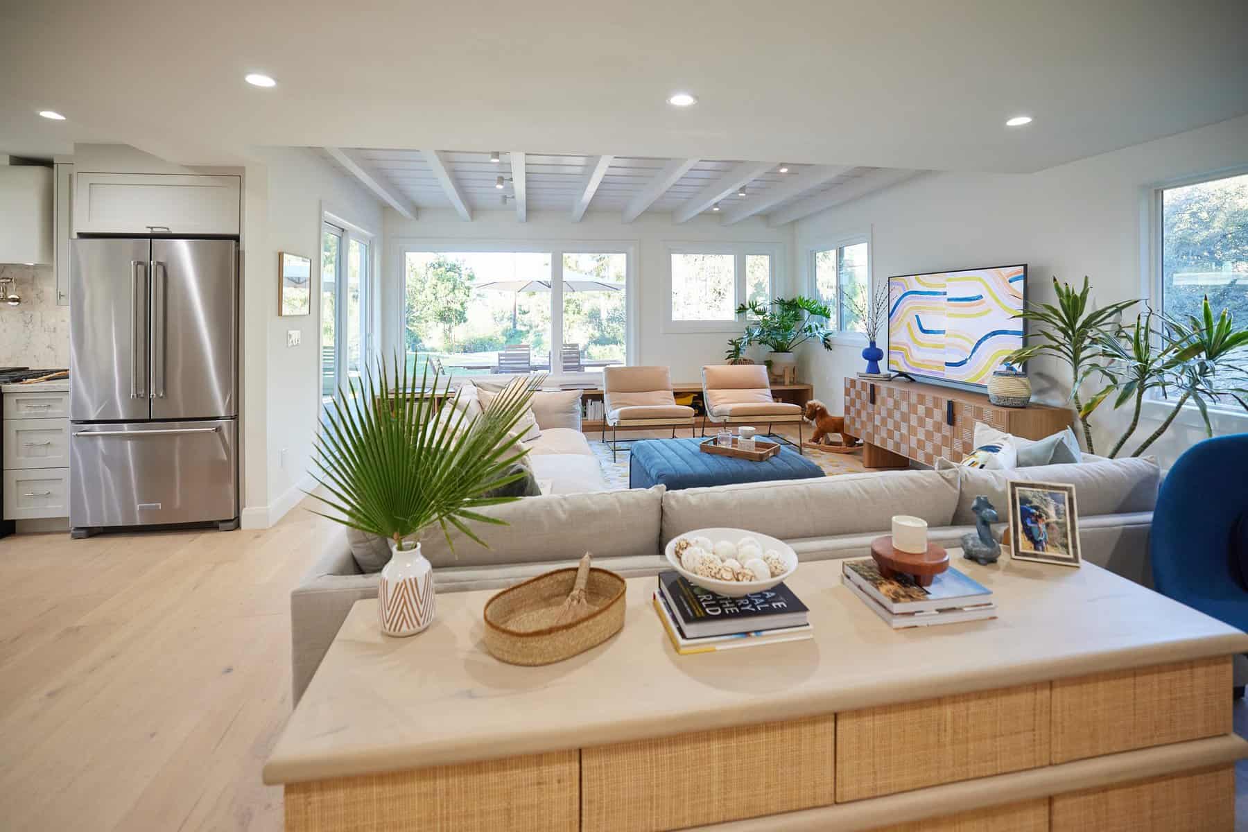 Modern living room with large windows, plants, and a TV on a wooden cabinet