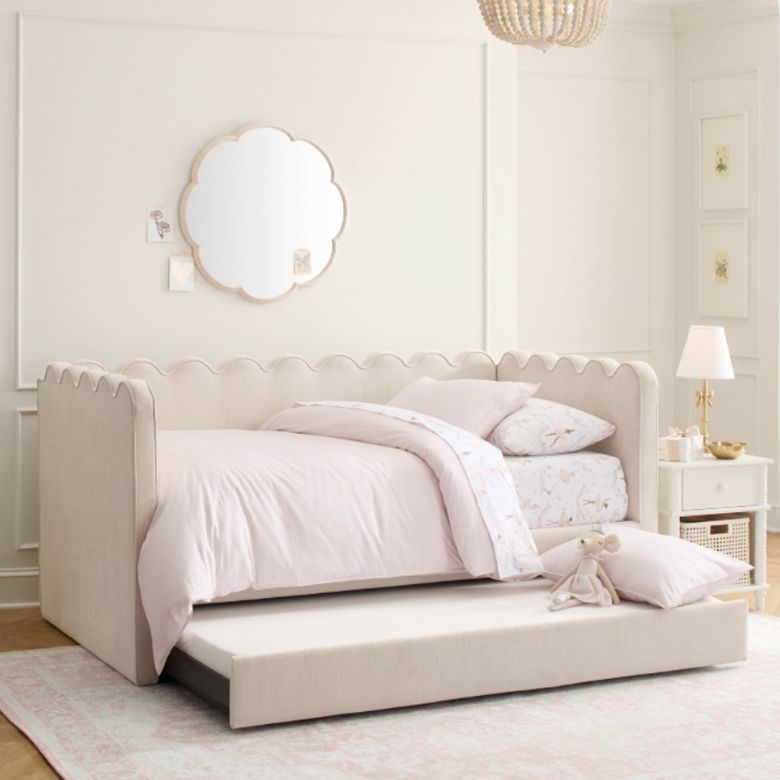 ivory chenille daybed with scallop edges and trundle