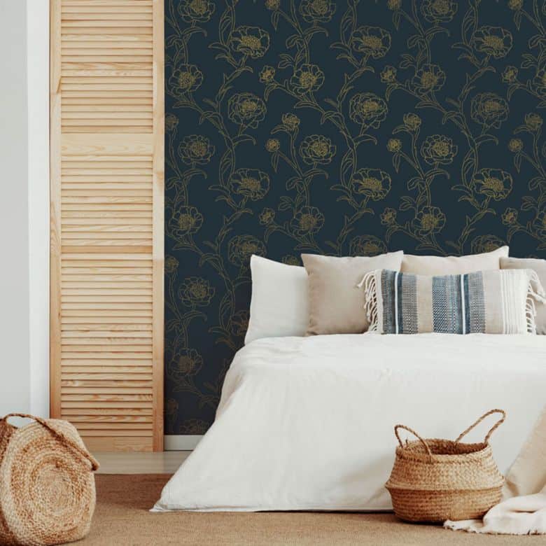 blue peel and stick wallpaper with illustrative yellow peonies