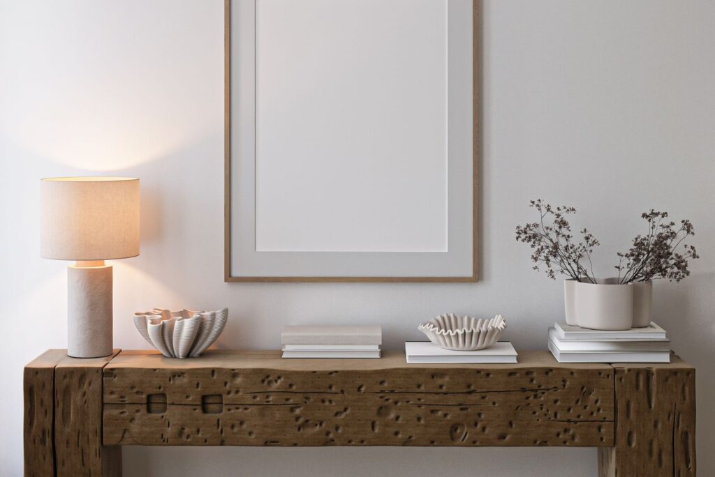 console table with coastal decor and medium-sized lamp