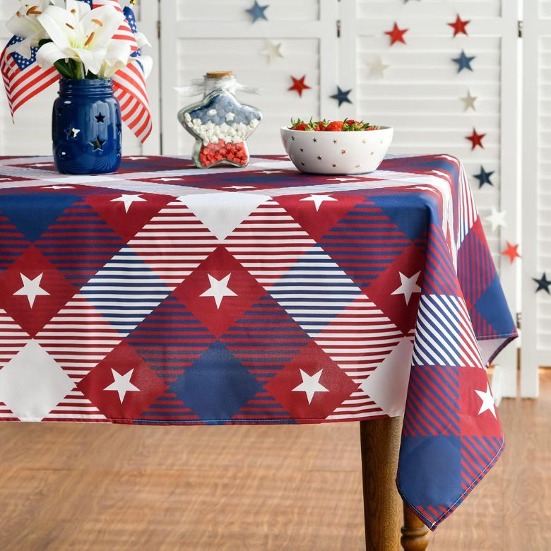 red, white, and blue plaid tablecloth with white stars