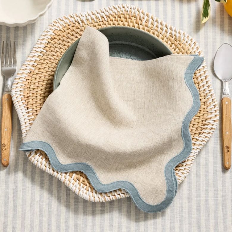 European Linen with Blue Scallop Edge Napkins