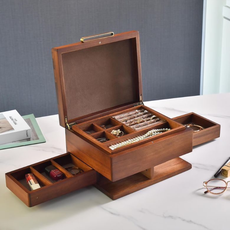 wooden jewelry box with shelves