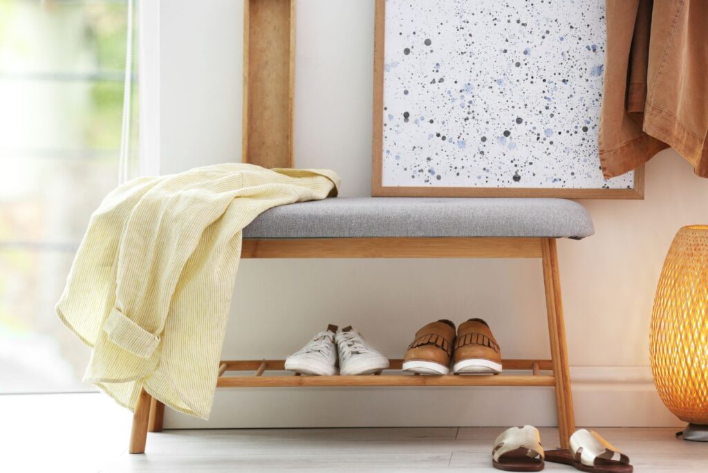 upholstered shoe storage bench with wood shelf underneath