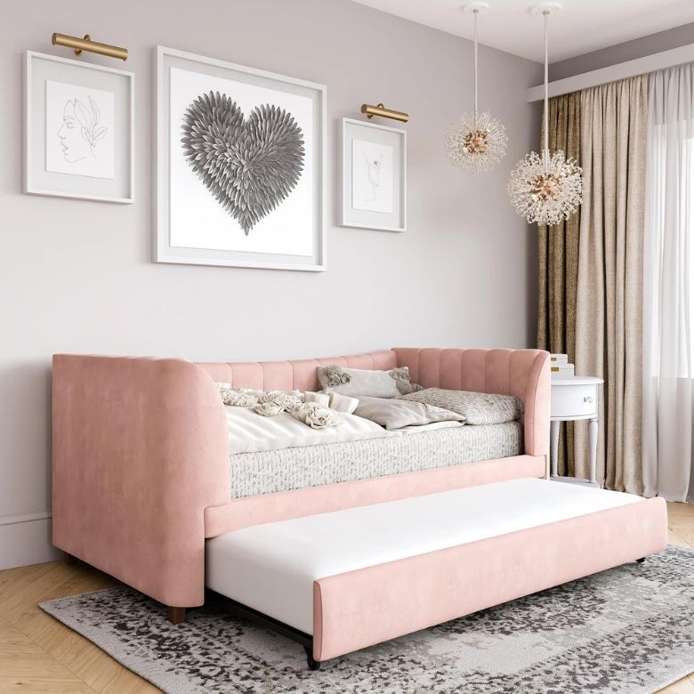 Pink Twin Upholstered Daybed with Trundle
