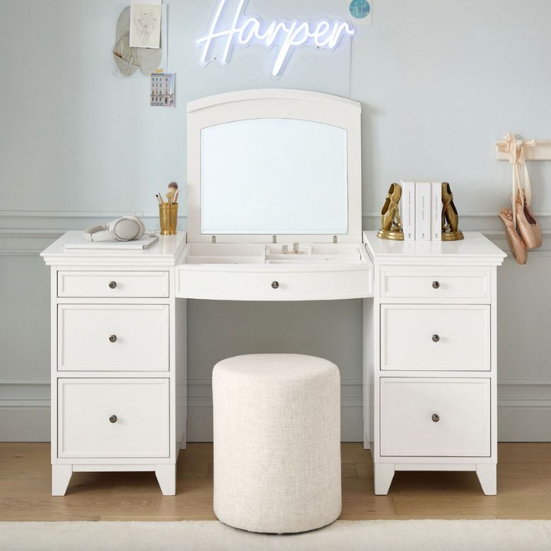 white flip-top vanity desk