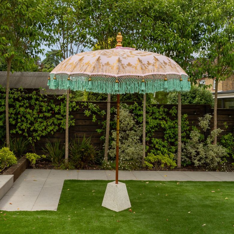 Hand painted pink and mint green Balinese garden parasol