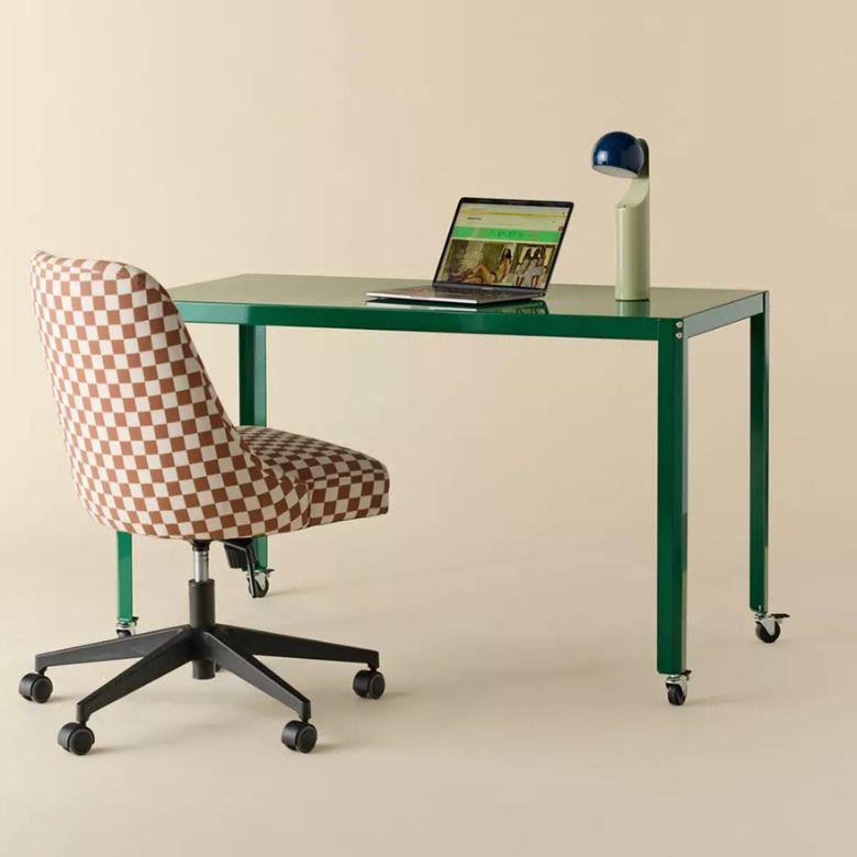 green rolling metal desk