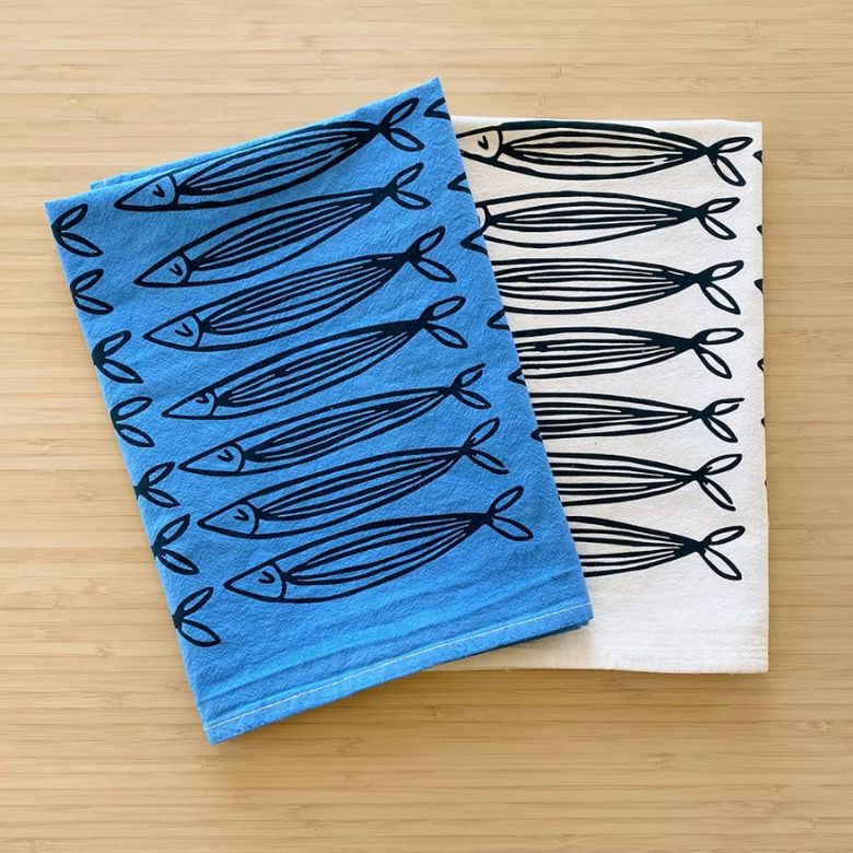 blue and white sardine tea towels