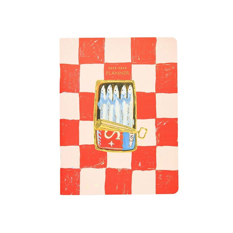 red and pink checkered planner