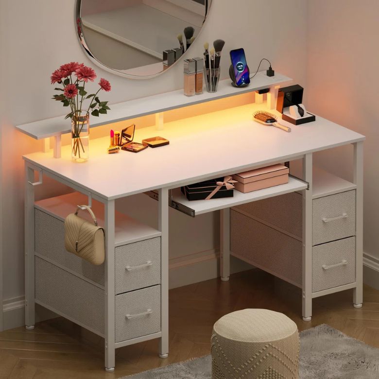 white computer desk with LED lights