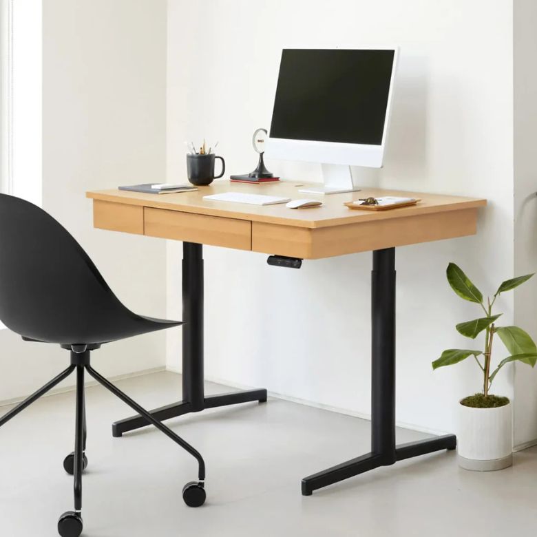 oak top adjustable standing desk with black legs