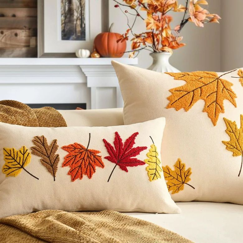 Set of 2 Autumn Leaves Embroidered Pillows