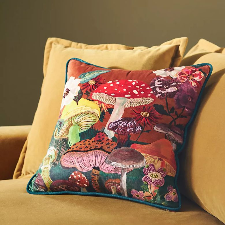 Embroidered Mushrooms Velvet Pillow
