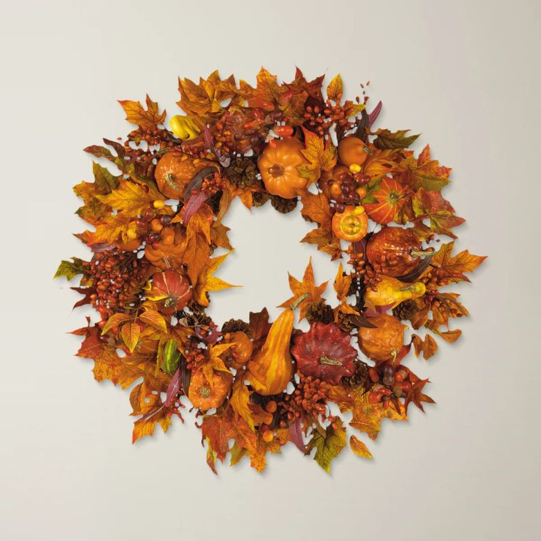 fall wreath with faux pumpkins and gourds
