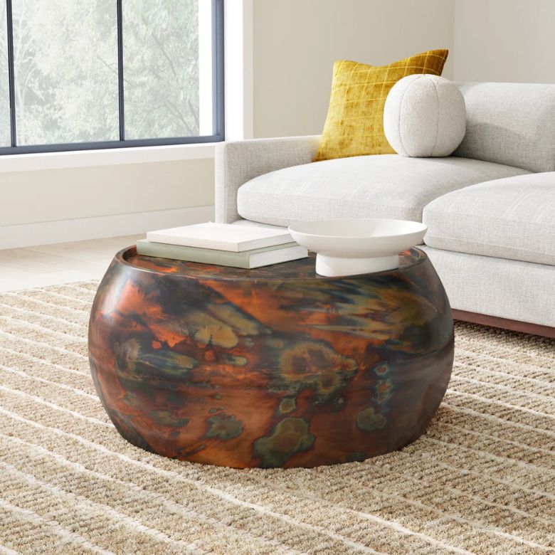 antique brass drum-style coffee table