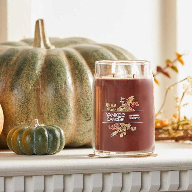 autumn wreath scented yankee candle in glass lidded jar